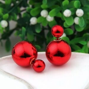 Large Oversized Double Ball Shiny Red Shell Pearl Ornament Stud Earrings